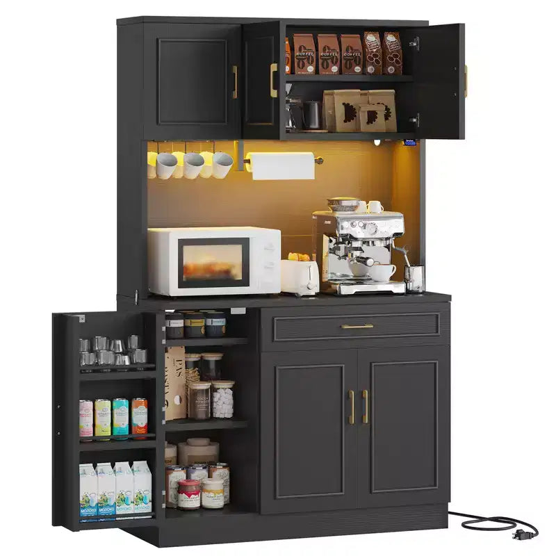 Bestier 71 in. Pantry Cabinet,Farmhouse White Manufactured Wood Buffet w/ Adjustable Shelves, Built-in Lighting and Power Outlet