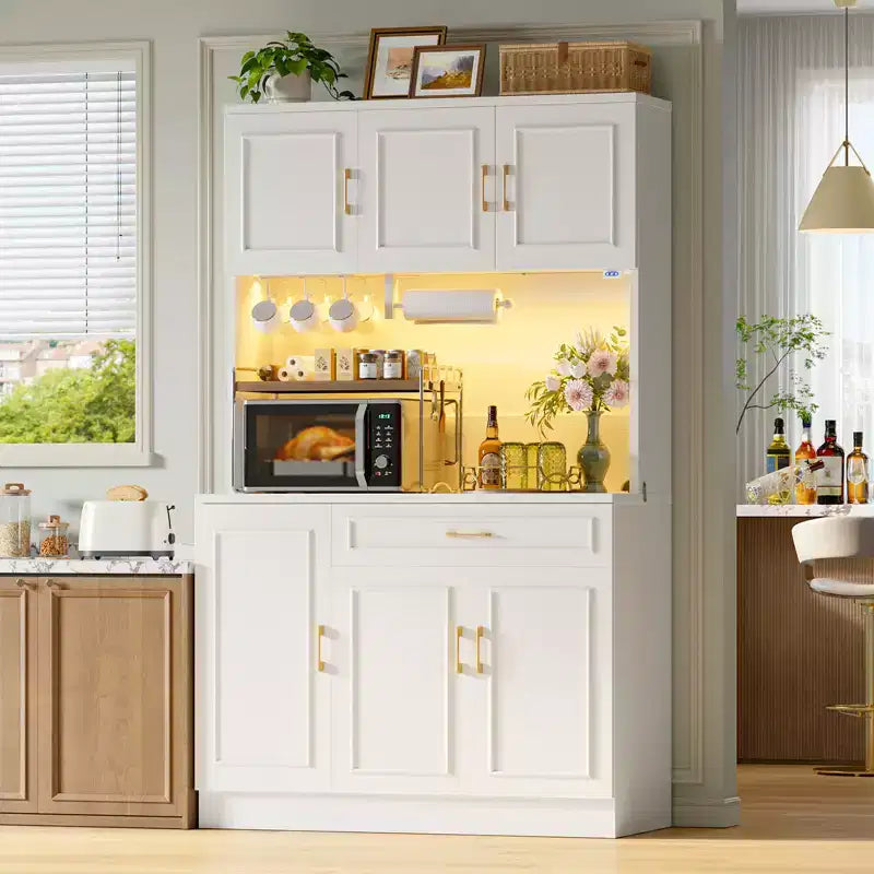 71 in. Farmhouse White Pantry Cabinet with Adjustable Shelves, Built-in Lighting and Power Outlet