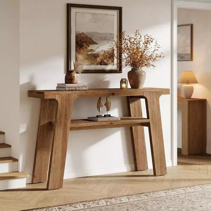 Lantine 47 Solid Wood Farmhouse Console Entryway Table with 2-Tier Storage, suitable for hallway, behind couch, living room, easy assembly.