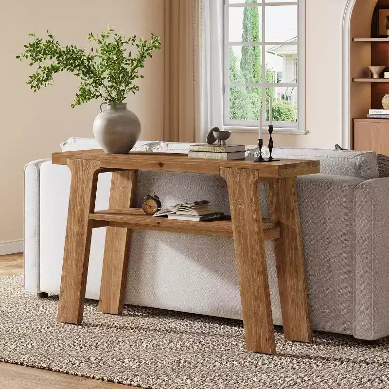 Lantine 47 Solid Wood Farmhouse Console Entryway Table with 2-Tier Storage, suitable for hallway, behind couch, living room, easy assembly.