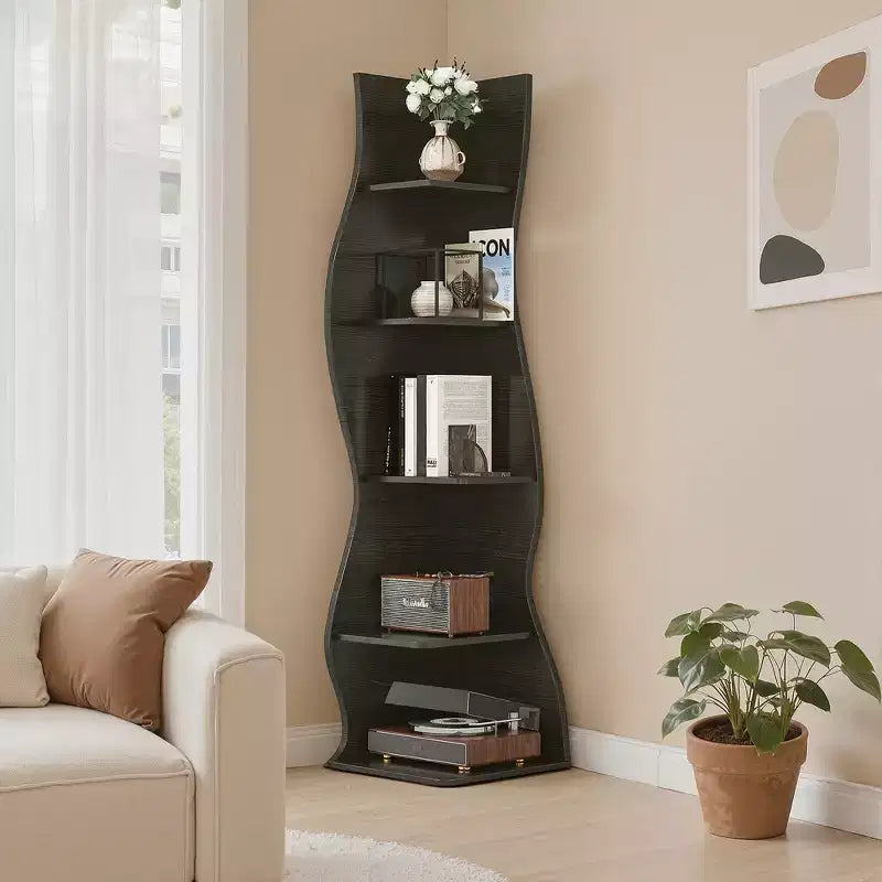VECELO 5-Tier Wave Corner Bookshelf, Rustic Storage Display Stand with Easy Assembly, Space-Saving Organizer for Home Decor