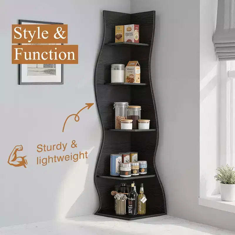 VECELO 5-Tier Wave Corner Bookshelf, Rustic Storage Display Stand with Easy Assembly, Space-Saving Organizer for Home Decor