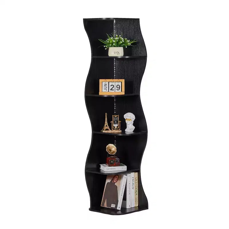 VECELO 5-Tier Wave Corner Bookshelf, Rustic Storage Display Stand with Easy Assembly, Space-Saving Organizer for Home Decor