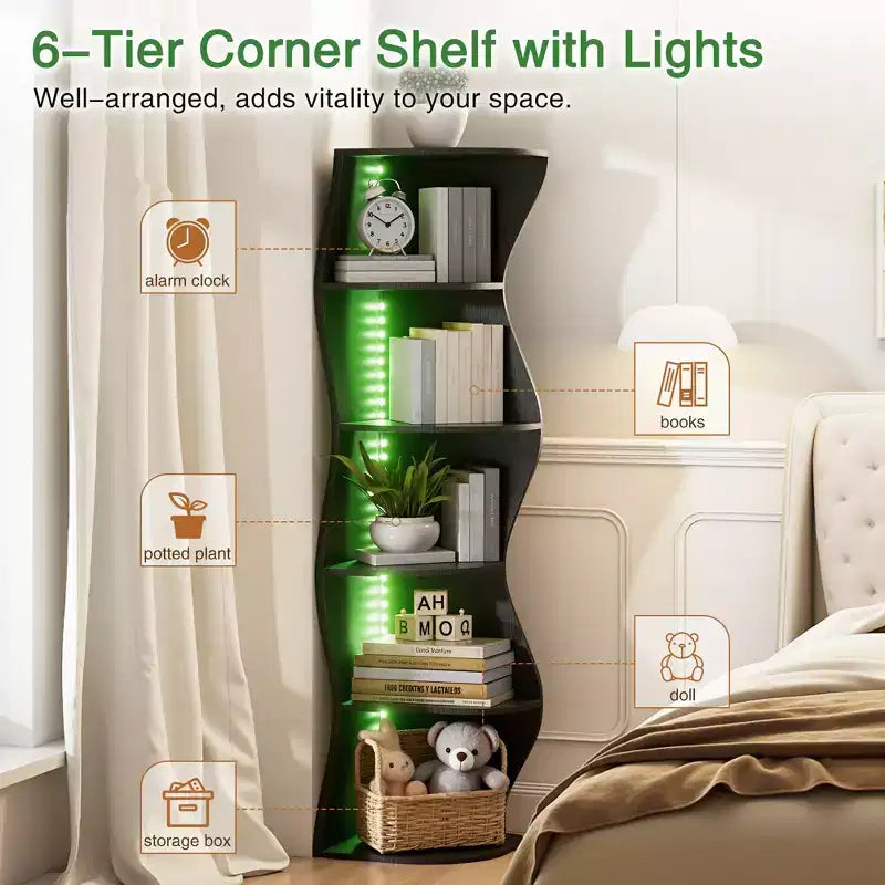 VECELO 5-Tier Wave Corner Bookshelf, Rustic Storage Display Stand with Easy Assembly, Space-Saving Organizer for Home Decor