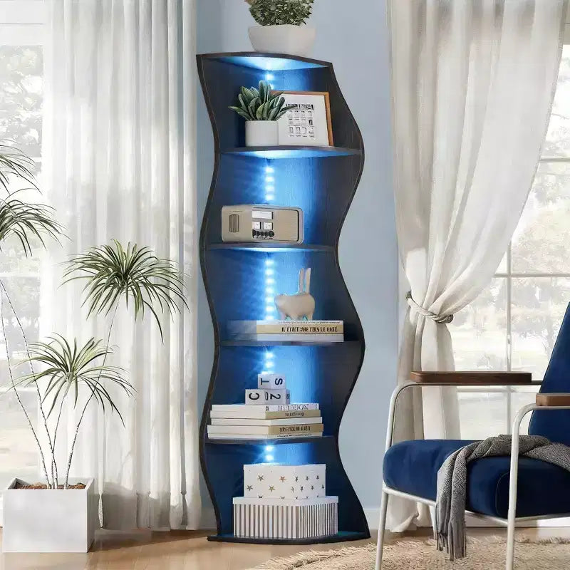 VECELO 5-Tier Wave Corner Bookshelf, Rustic Storage Display Stand with Easy Assembly, Space-Saving Organizer for Home Decor