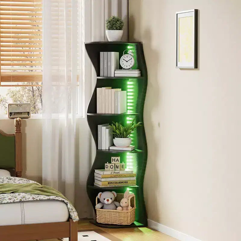 VECELO 5-Tier Wave Corner Bookshelf, Rustic Storage Display Stand with Easy Assembly, Space-Saving Organizer for Home Decor