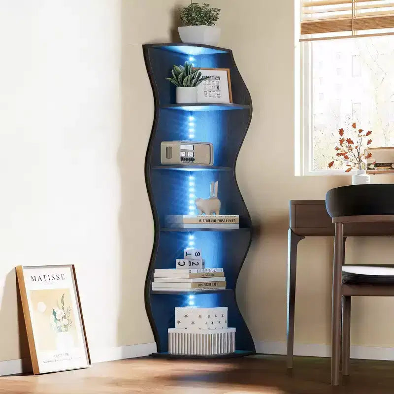 VECELO 5-Tier Wave Corner Bookshelf, Rustic Storage Display Stand with Easy Assembly, Space-Saving Organizer for Home Decor