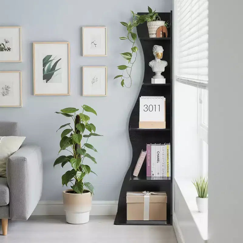 VECELO 5-Tier Wave Corner Bookshelf, Rustic Storage Display Stand with Easy Assembly, Space-Saving Organizer for Home Decor