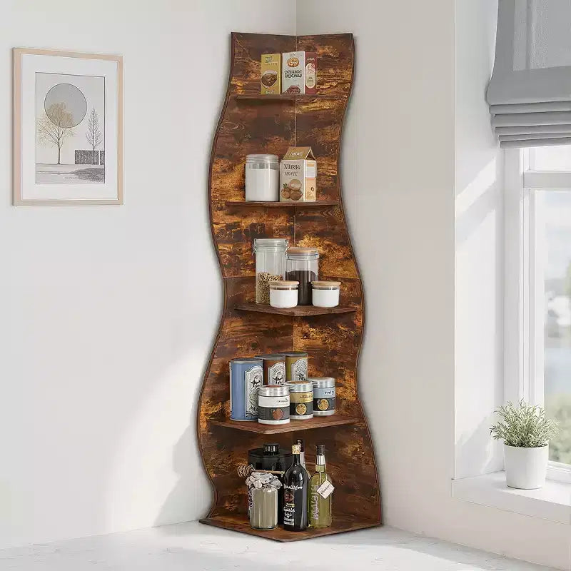 VECELO 5-Tier Wave Corner Bookshelf, Rustic Storage Display Stand with Easy Assembly, Space-Saving Organizer for Home Decor