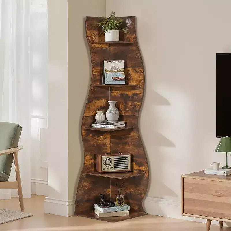 VECELO 5-Tier Wave Corner Bookshelf, Rustic Storage Display Stand with Easy Assembly, Space-Saving Organizer for Home Decor