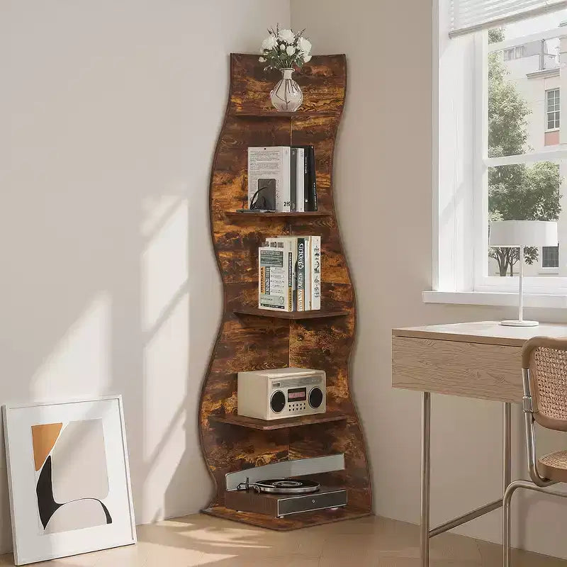 VECELO 5-Tier Wave Corner Bookshelf, Rustic Storage Display Stand with Easy Assembly, Space-Saving Organizer for Home Decor