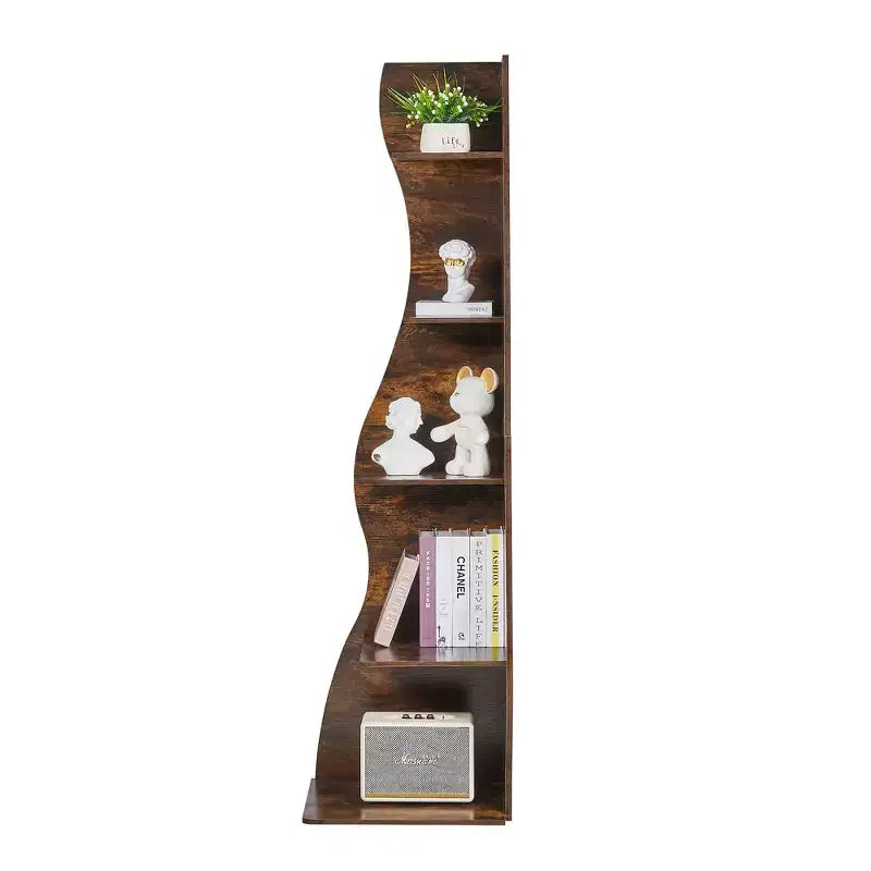 VECELO 5-Tier Wave Corner Bookshelf, Rustic Storage Display Stand with Easy Assembly, Space-Saving Organizer for Home Decor