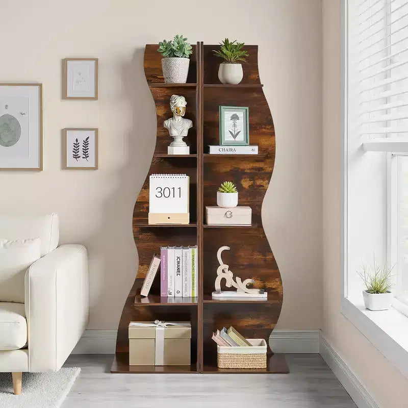 VECELO 5-Tier Wave Corner Bookshelf, Rustic Storage Display Stand with Easy Assembly, Space-Saving Organizer for Home Decor