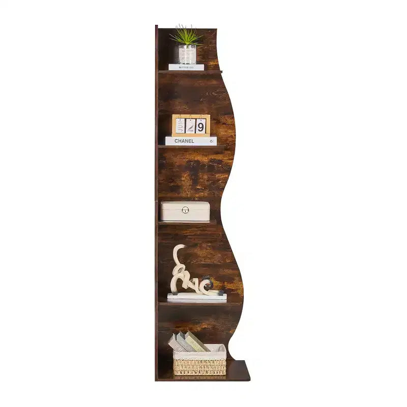 VECELO 5-Tier Wave Corner Bookshelf, Rustic Storage Display Stand with Easy Assembly, Space-Saving Organizer for Home Decor