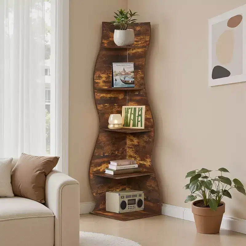 VECELO 5-Tier Wave Corner Bookshelf, Rustic Storage Display Stand with Easy Assembly, Space-Saving Organizer for Home Decor