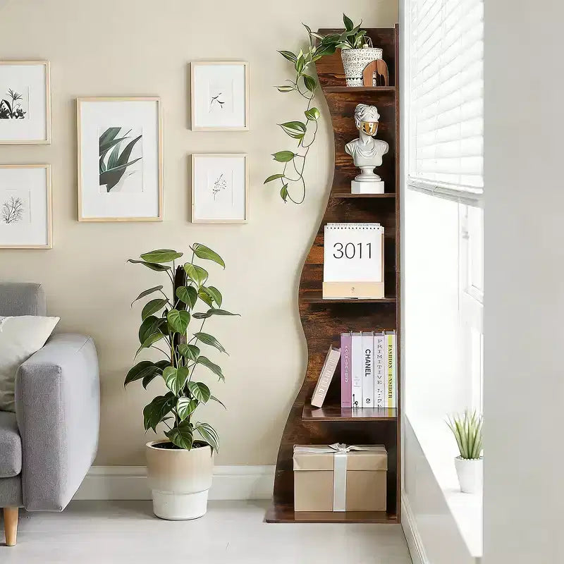 VECELO 5-Tier Wave Corner Bookshelf, Rustic Storage Display Stand with Easy Assembly, Space-Saving Organizer for Home Decor