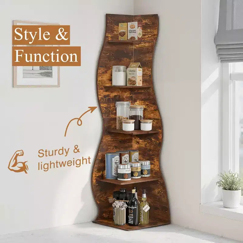 VECELO 5-Tier Wave Corner Bookshelf, Rustic Storage Display Stand with Easy Assembly, Space-Saving Organizer for Home Decor