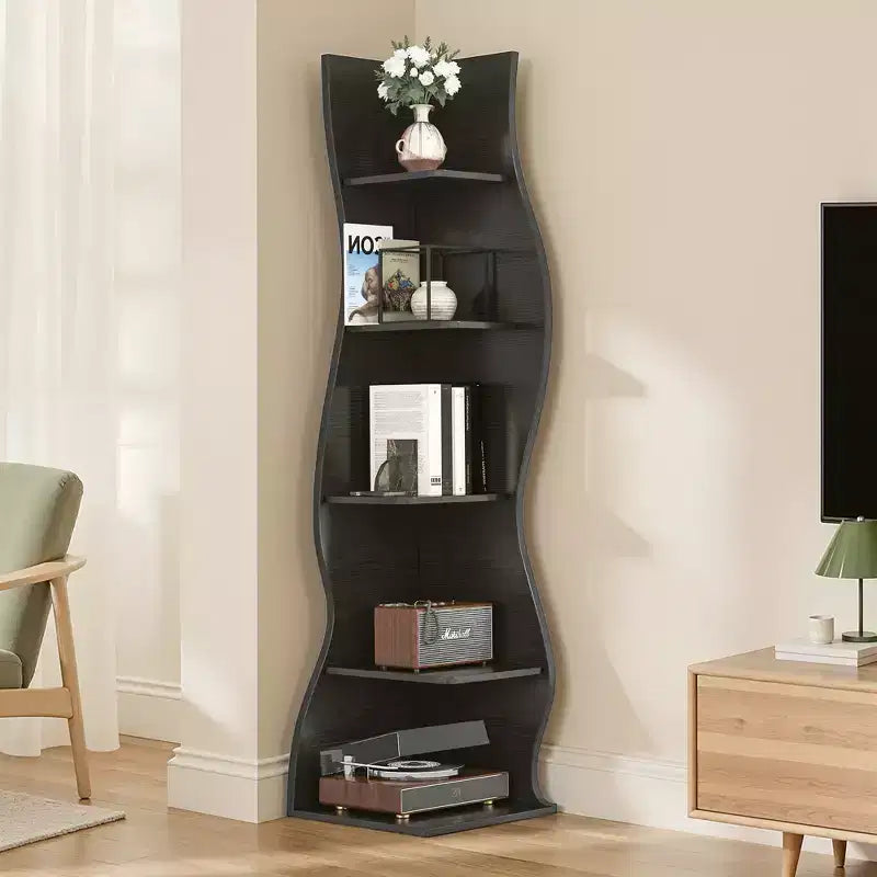 VECELO 5-Tier Wave Corner Bookshelf, Rustic Storage Display Stand with Easy Assembly, Space-Saving Organizer for Home Decor
