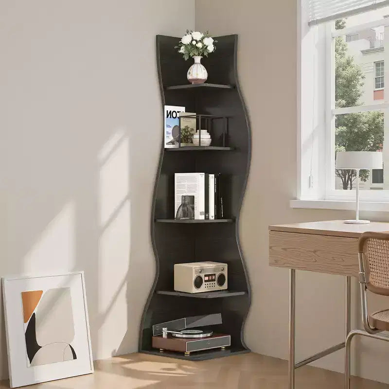 VECELO 5-Tier Wave Corner Bookshelf, Rustic Storage Display Stand with Easy Assembly, Space-Saving Organizer for Home Decor