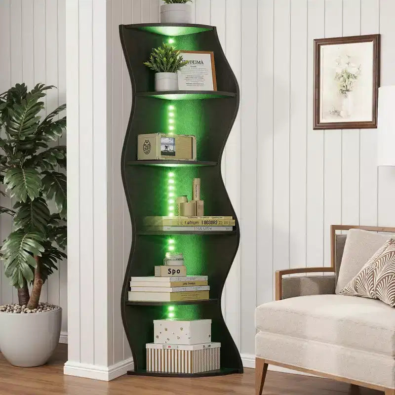 5-Tier Wave Corner Bookshelf, Rustic Storage Display Stand, Space-Saving Organizer for Home Decor