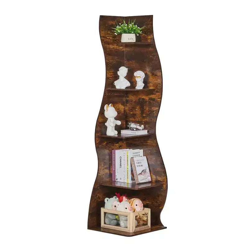 5-Tier Wave Corner Bookshelf, Rustic Storage Display Stand, Space-Saving Organizer for Home Decor