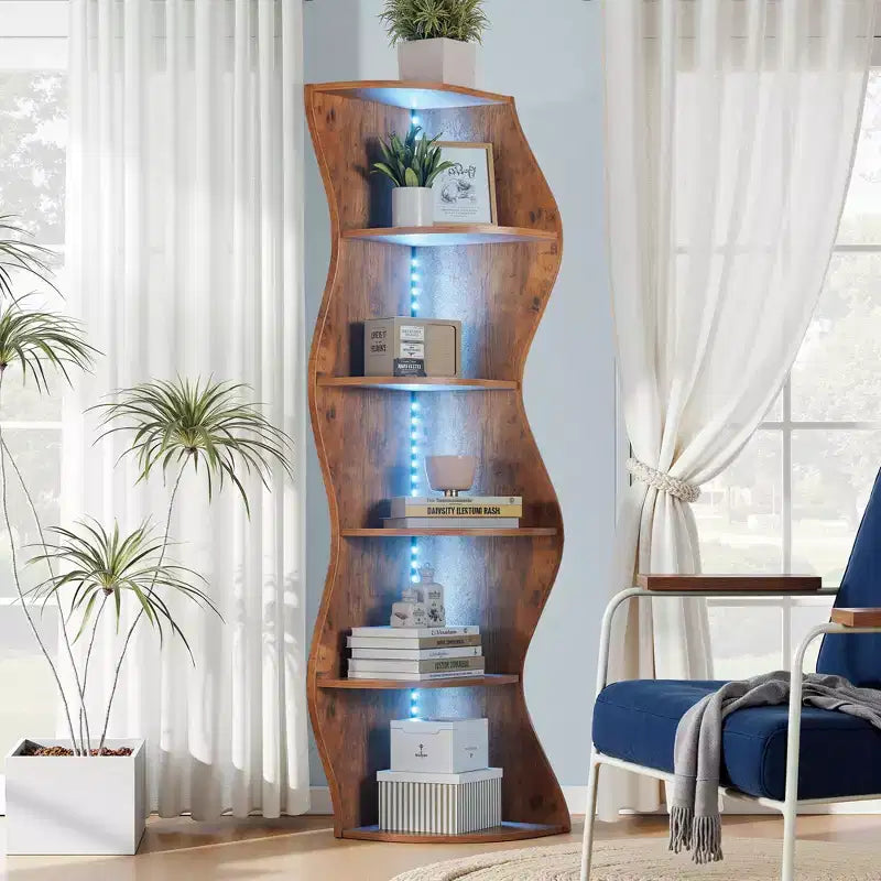 5-Tier Wave Corner Bookshelf, Rustic Storage Display Stand, Space-Saving Organizer for Home Decor