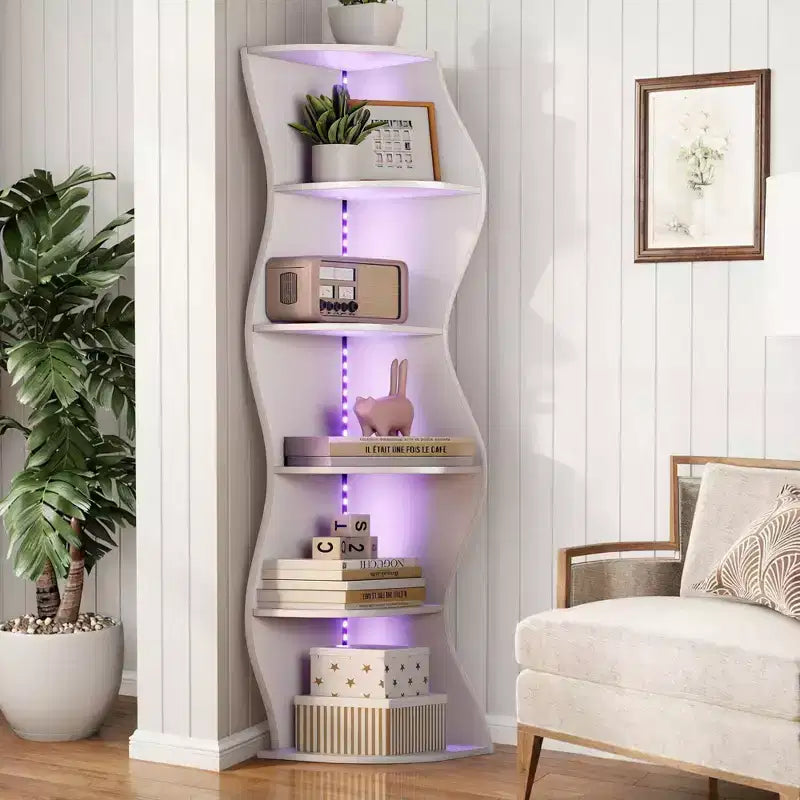 5-Tier Wave Corner Bookshelf, Rustic Storage Display Stand, Space-Saving Organizer for Home Decor