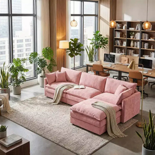 102" Upholstered Modular Sectional Sofa with Reversible Ottoman, Deep Seat L-Shaped Couch with Throw Pillows
