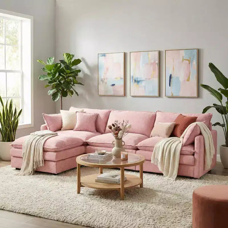 FurnitureR 102 Upholstered Modular Sectional Sofa with Reversible Ottoman, Deep Seat L-Shaped Couch with Throw Pillows for Living Room