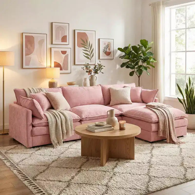 FurnitureR 102 Upholstered Modular Sectional Sofa with Reversible Ottoman, Deep Seat L-Shaped Couch with Throw Pillows for Living Room