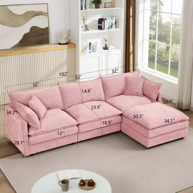 FurnitureR 102 Upholstered Modular Sectional Sofa with Reversible Ottoman, Deep Seat L-Shaped Couch with Throw Pillows for Living Room