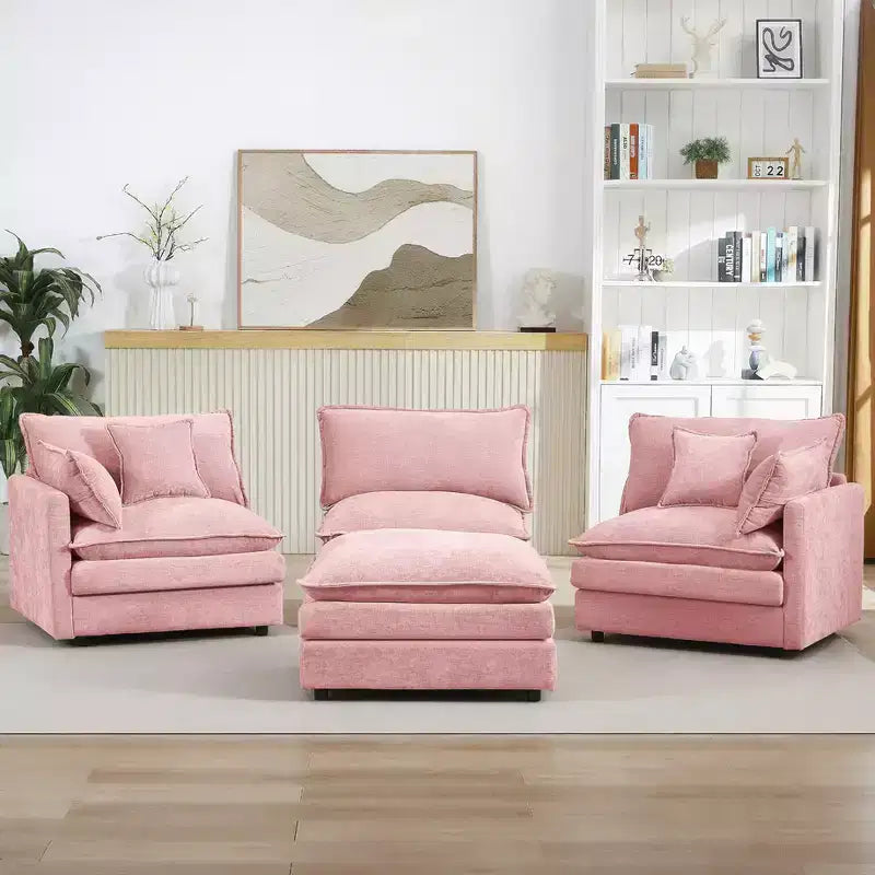FurnitureR 102 Upholstered Modular Sectional Sofa with Reversible Ottoman, Deep Seat L-Shaped Couch with Throw Pillows for Living Room