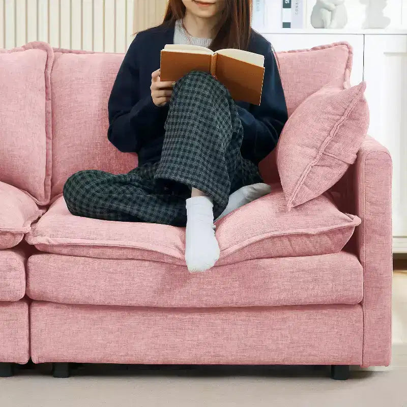 FurnitureR 102 Upholstered Modular Sectional Sofa with Reversible Ottoman, Deep Seat L-Shaped Couch with Throw Pillows for Living Room