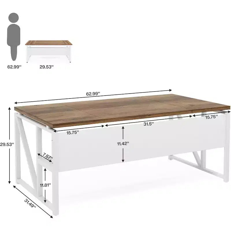 Lantine 63-Inch Computer Desk with Bottom Storage Shelf, Home Office Writing Table for Workstation, Light Walnut, Steel Legs