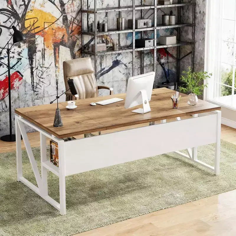 Lantine 63-Inch Computer Desk with Bottom Storage Shelf, Home Office Writing Table for Workstation, Light Walnut, Steel Legs