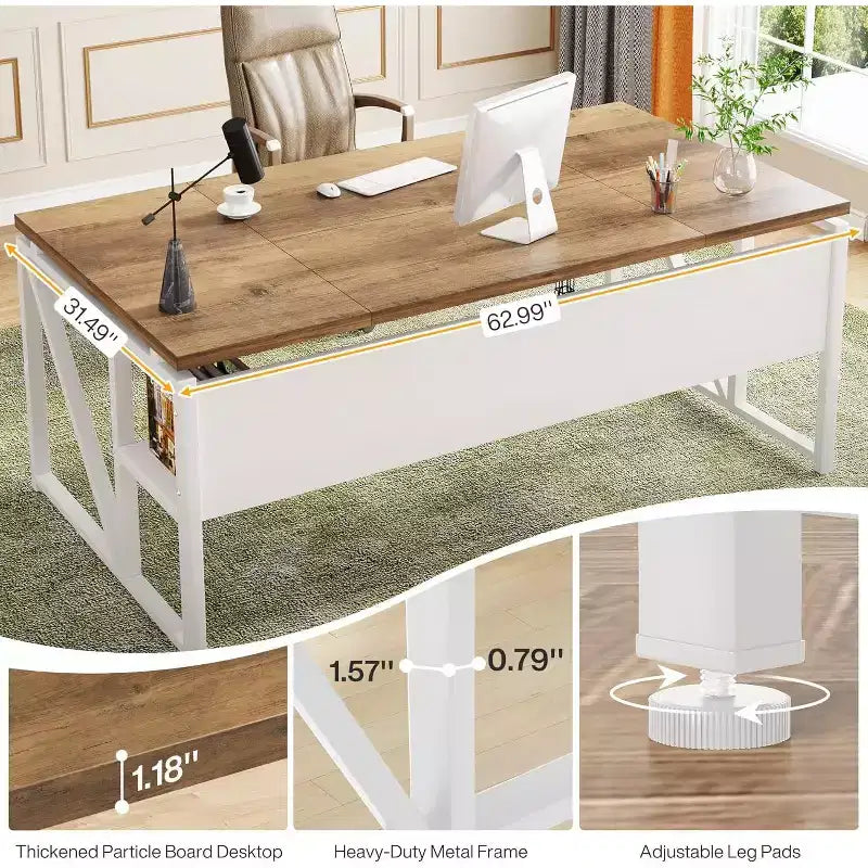 Lantine 63-Inch Computer Desk with Bottom Storage Shelf, Home Office Writing Table for Workstation, Light Walnut, Steel Legs
