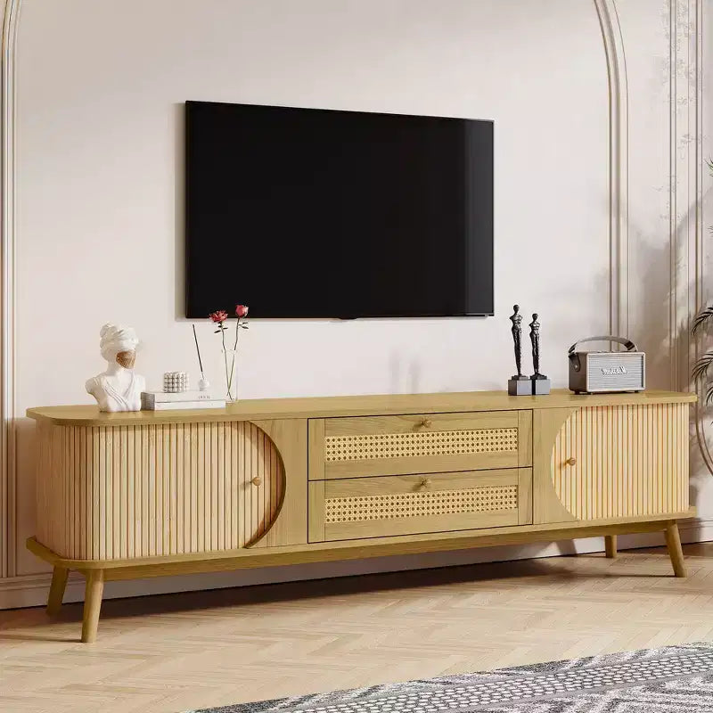 GDFStudio Miles Modern Farmhouse TV Stand with Rattan Drawers and Sliding Cabinet Doors