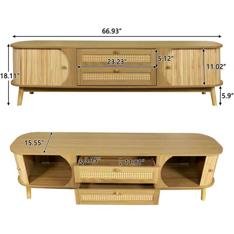 GDFStudio Miles Modern Farmhouse TV Stand with Rattan Drawers and Sliding Cabinet Doors