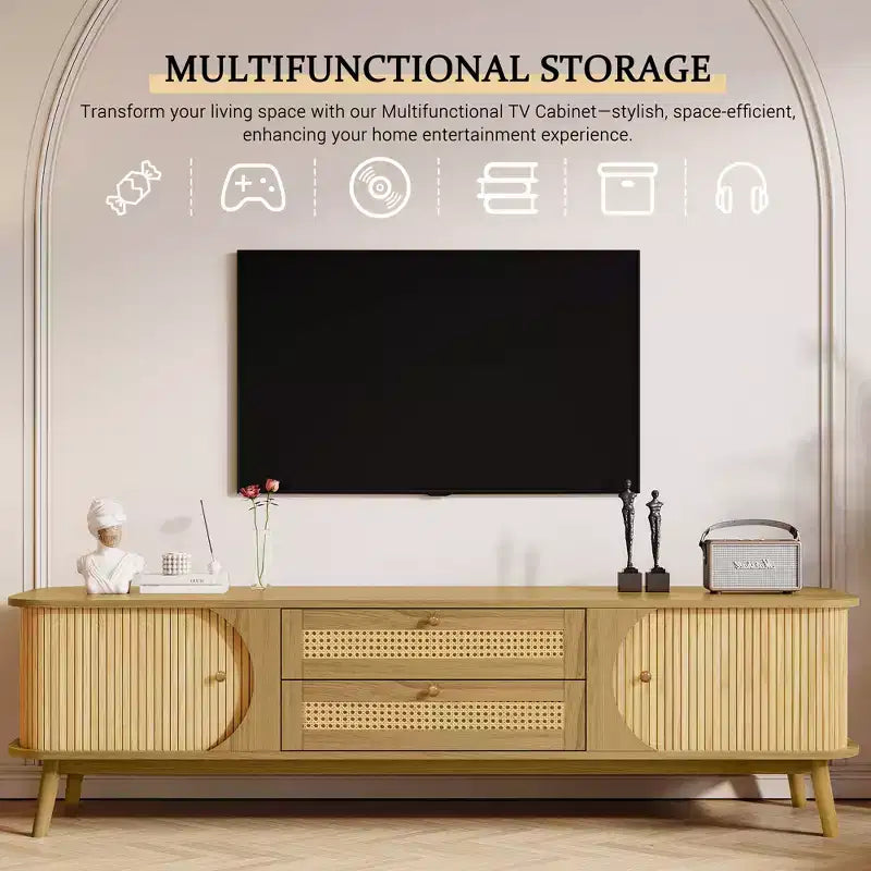 GDFStudio Miles Modern Farmhouse TV Stand with Rattan Drawers and Sliding Cabinet Doors