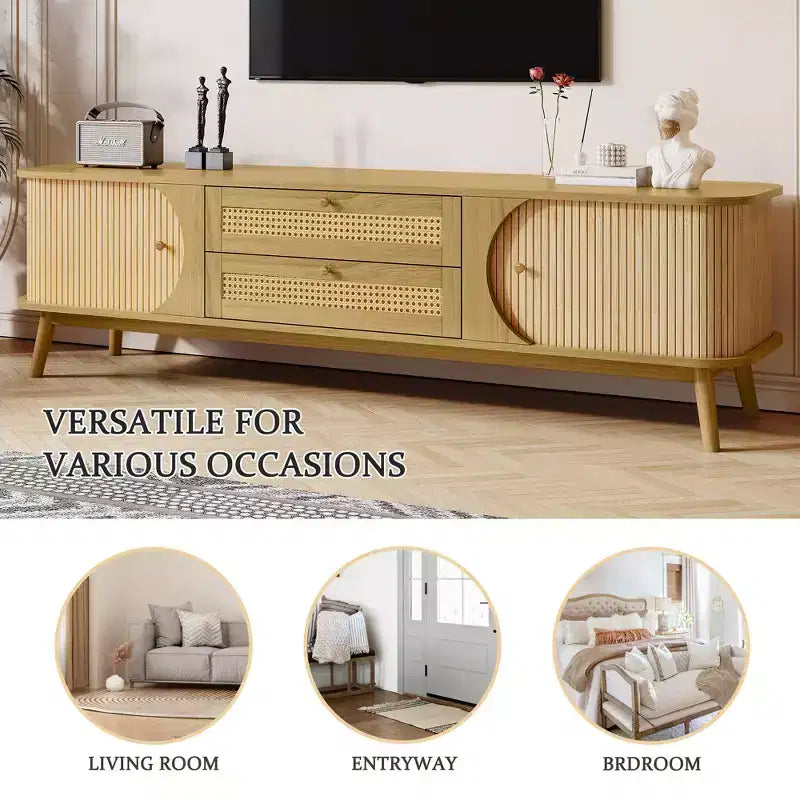 GDFStudio Miles Modern Farmhouse TV Stand with Rattan Drawers and Sliding Cabinet Doors