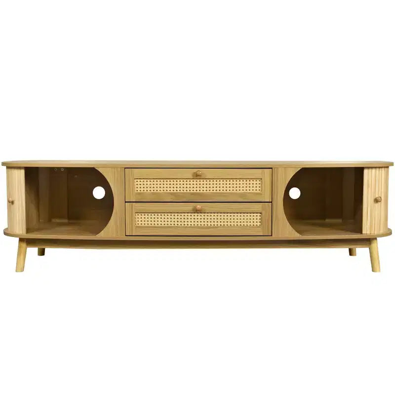 GDFStudio Miles Modern Farmhouse TV Stand with Rattan Drawers and Sliding Cabinet Doors