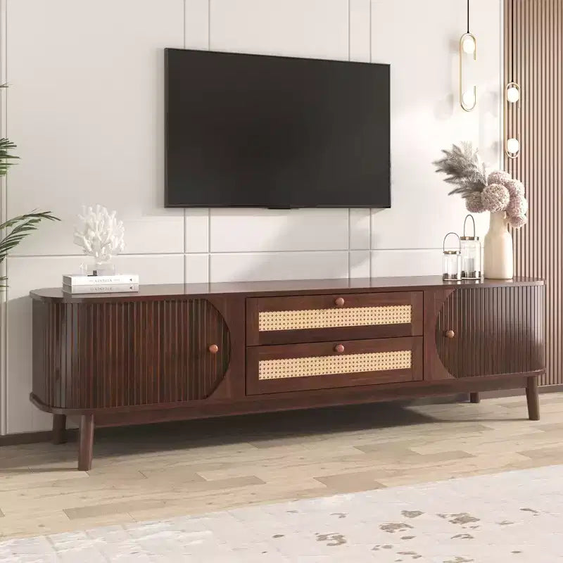 GDFStudio Miles Modern Farmhouse TV Stand with Rattan Drawers and Sliding Cabinet Doors
