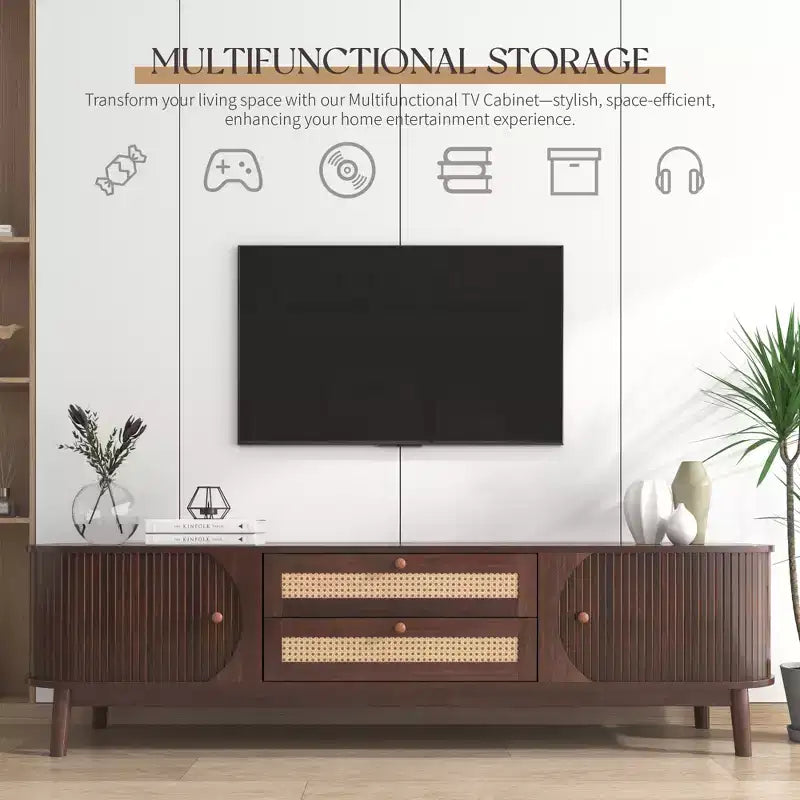 GDFStudio Miles Modern Farmhouse TV Stand with Rattan Drawers and Sliding Cabinet Doors