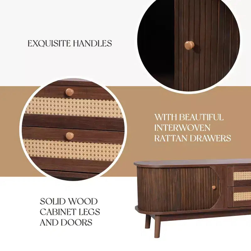 GDFStudio Miles Modern Farmhouse TV Stand with Rattan Drawers and Sliding Cabinet Doors