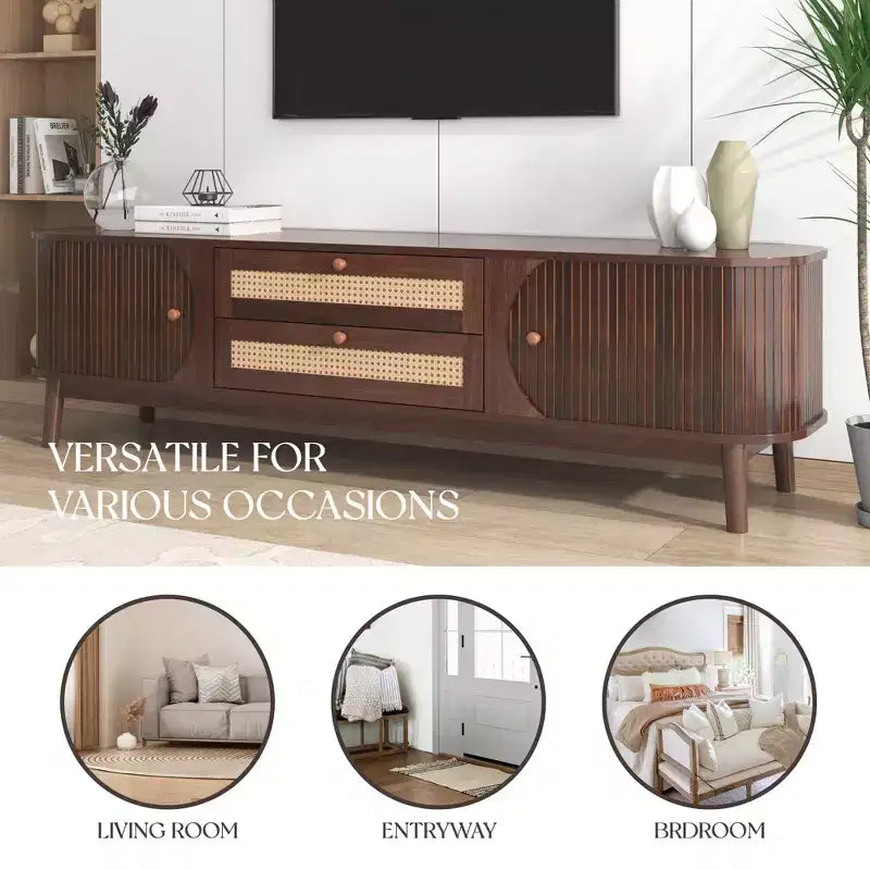 GDFStudio Miles Modern Farmhouse TV Stand with Rattan Drawers and Sliding Cabinet Doors
