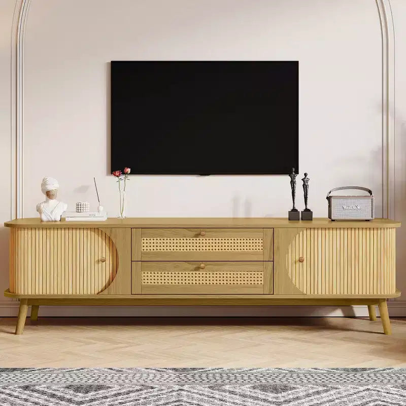 Modern Farmhouse TV Stand with Rattan Drawers and Sliding Cabinet Doors