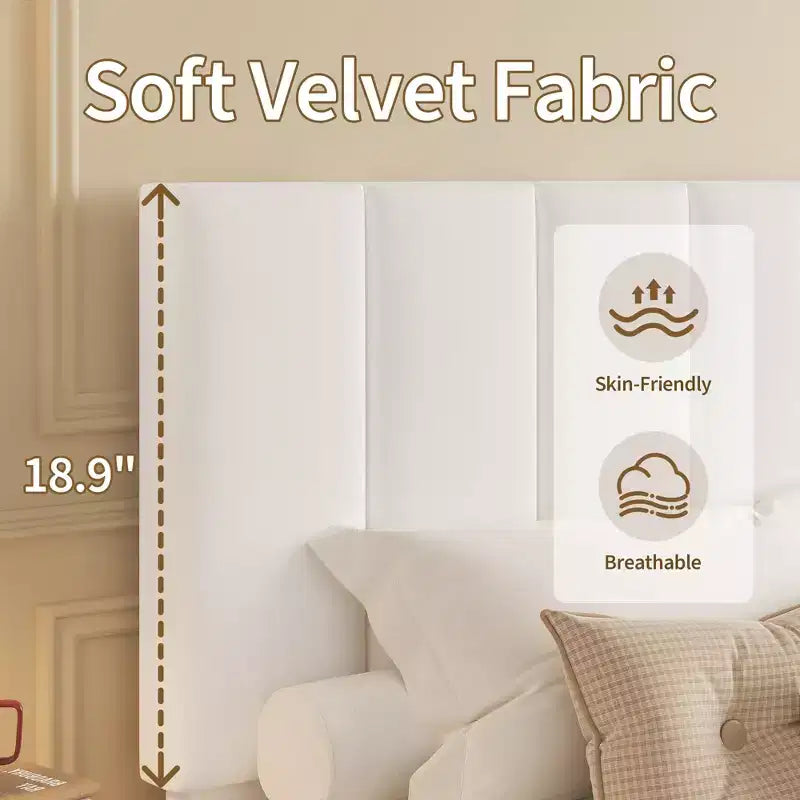 Velvet Upholstered Platform Bed Frame with Adjustable Vertical Channel Tufted Headboard, Easy Assembly, No Box Spring Required
