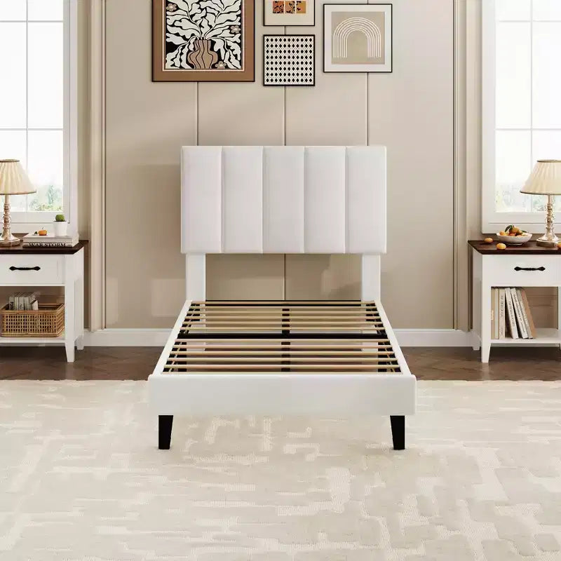 Velvet Upholstered Platform Bed Frame with Adjustable Vertical Channel Tufted Headboard, Easy Assembly, No Box Spring Required