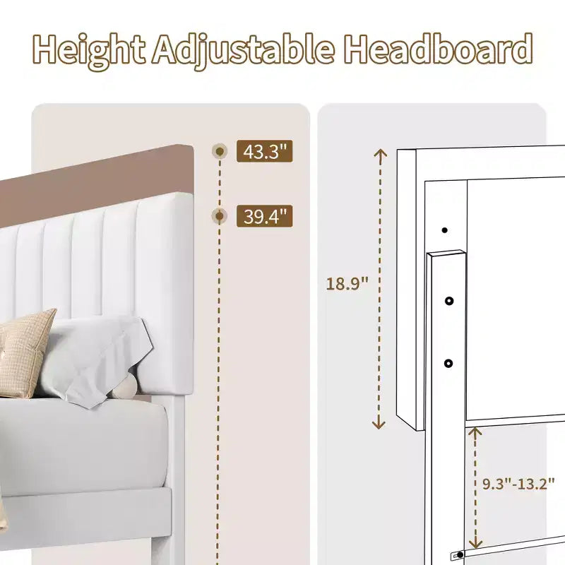 Velvet Upholstered Platform Bed Frame with Adjustable Vertical Channel Tufted Headboard, Easy Assembly, No Box Spring Required