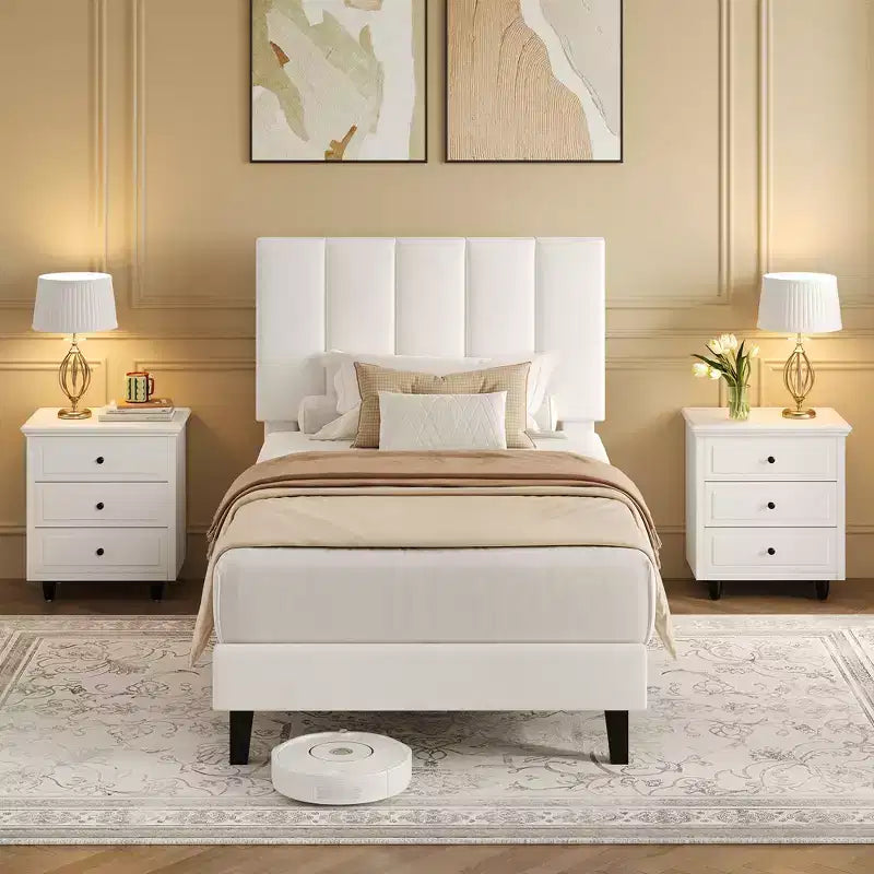 Velvet Upholstered Platform Bed Frame with Adjustable Vertical Channel Tufted Headboard, Easy Assembly, No Box Spring Required